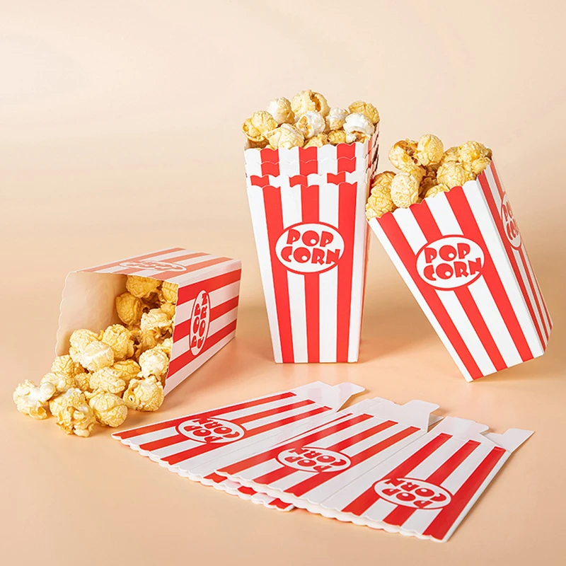 12Pcs Popcorn Paper Boxes Buckets Red White Stripes Bags Snack Containers for Movie Night Birthdays Carnival Party Supplies