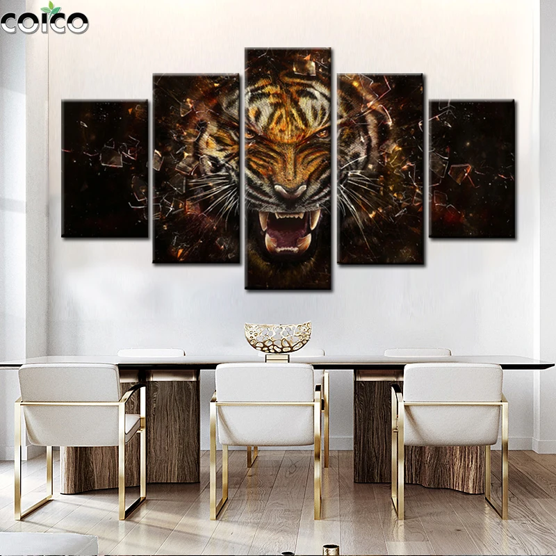 

Elephant Tiger Lion Painting with Frame Animal Wall Art Canvas Print Poster and Prints 5 Panel Modular Home Decor Hang Picture