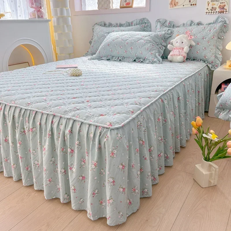 1pc Quilted Bed Skirt Four Corners With Elastic Flower Printed Thickened Mattress Bed Skirt Single/Queen/King Bed Sheet Skirt