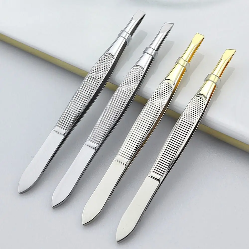 Stainless Steel Eyebrow Trimming Tweezers Slant Tip Flat Tip Eye Brow Clips Plucking Mesh Stripe Handle Eyelash Curler Girl