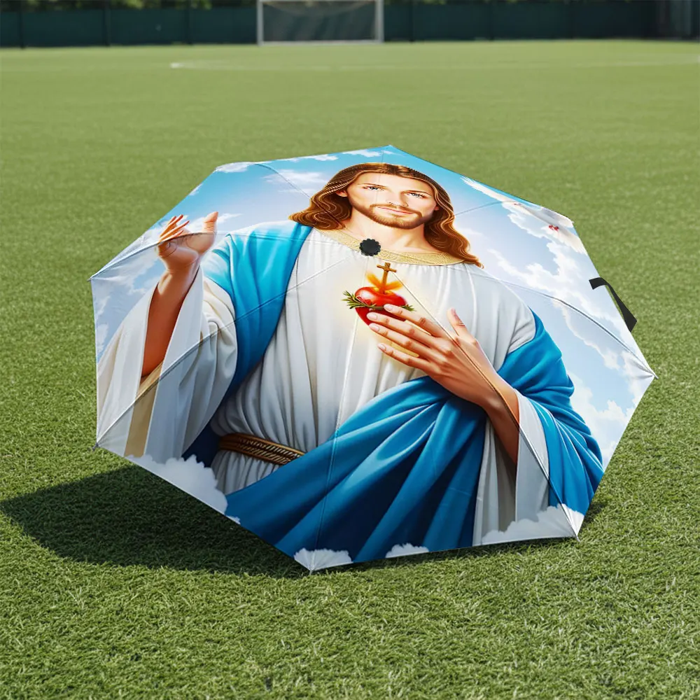 1P C Unique Umbrella with Religious Themed Design Print 8 Iron Ribs Folding Umbrella Auto-Open Fashion Sunshade