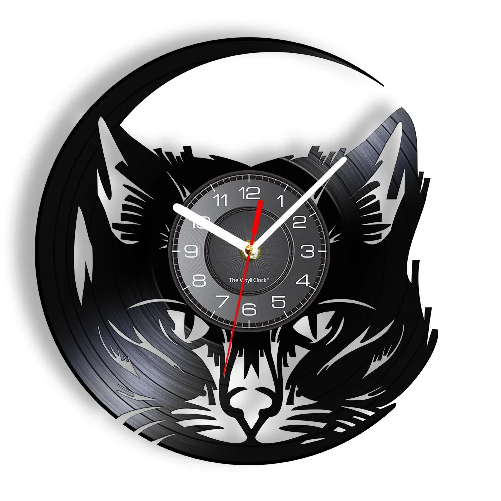 Meow Cat Head Wall Clock Black Cat Vinyl Record LP Wall Art Gramophone Music Record Clock Kitten Pet Clinic Cat Shop Album Decor