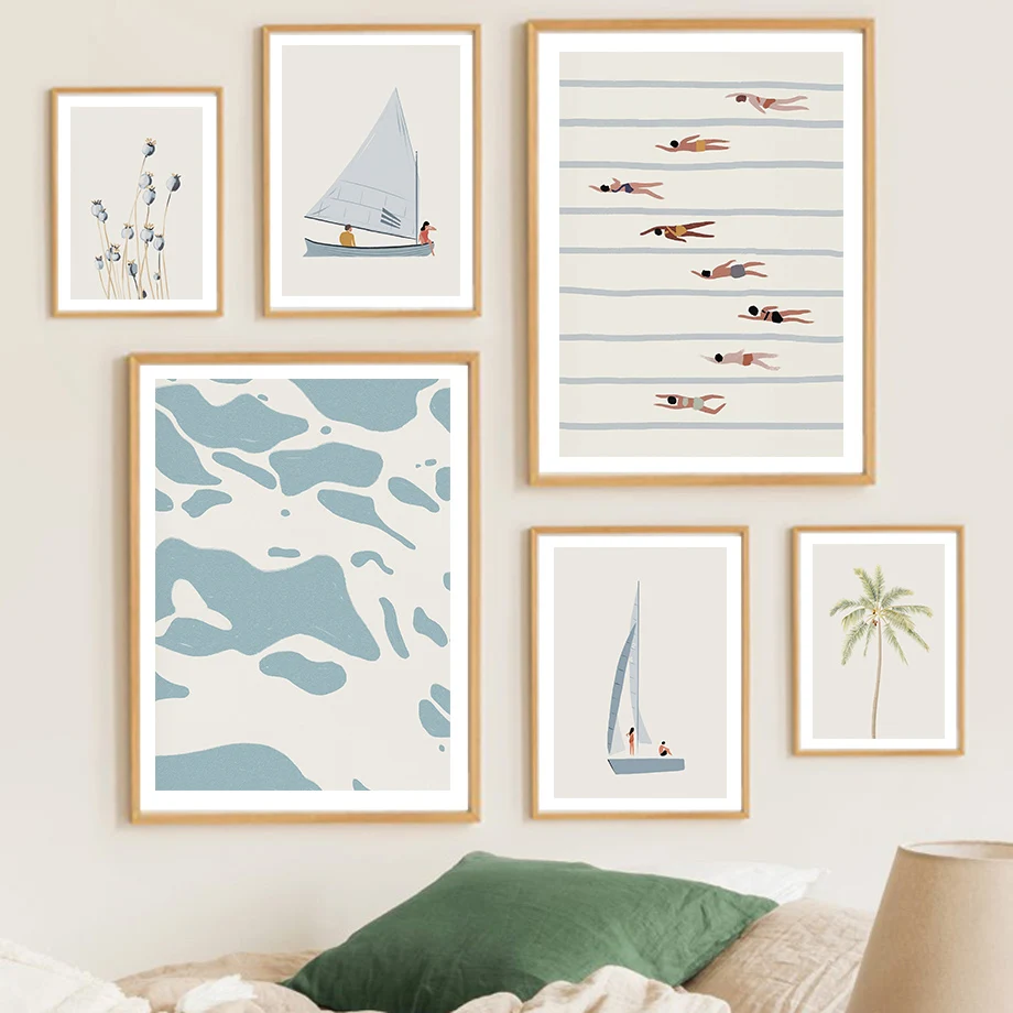 Minimalist Beach Ocean Floral Wall Art Sailboat Canvas Painting Swimming Pool Posters And Prints Pictures For Living Room Decor