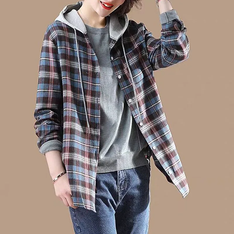 2023 Spring and Autumn Women\'s Fashion Commuter Hooded Plaid Shirt Mid Length Spliced Cotton Shirt Versatile Comfortable Coat