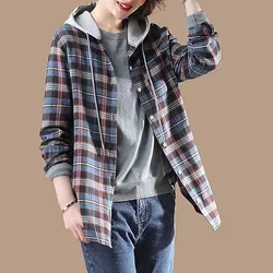 2023 Spring and Autumn Women's Fashion Commuter Hooded Plaid Shirt Mid Length Spliced Cotton Shirt Versatile Comfortable Coat