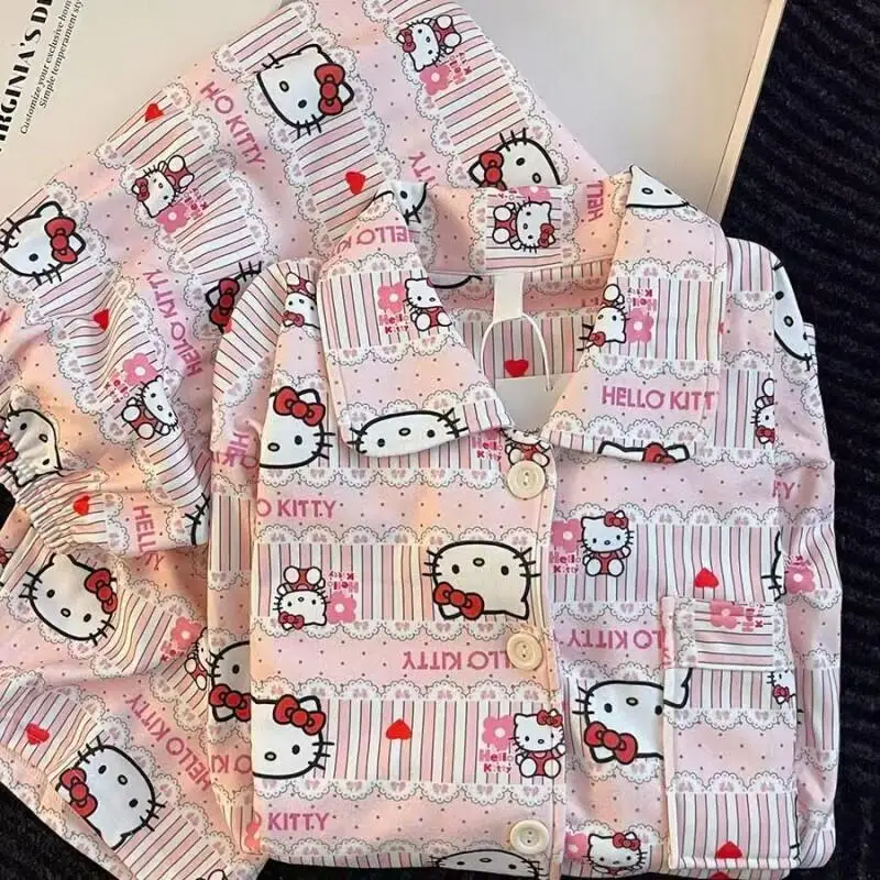 

Популярный комплект пижам Sanrio Hello Kitty из флиса для женщин и девочек, повседневная домашняя одежда с милым принтом, осенне-зимняя теплая утолщенная уютная ночная одежда
