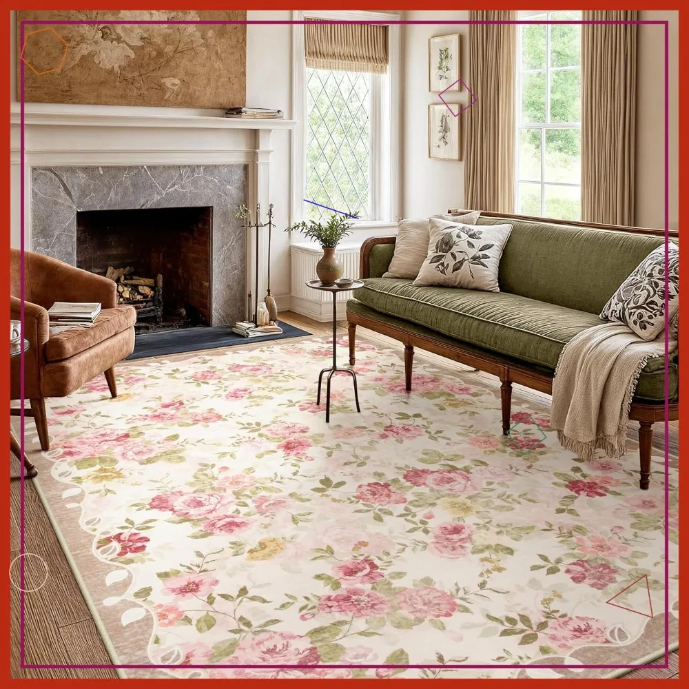 

Floral Washable 5x7 Rug for Living Room, Bedroom, Farmhouse - Boho Vintage Non-Slip Low Pile Ultra-Thin Large Carpet in Beige