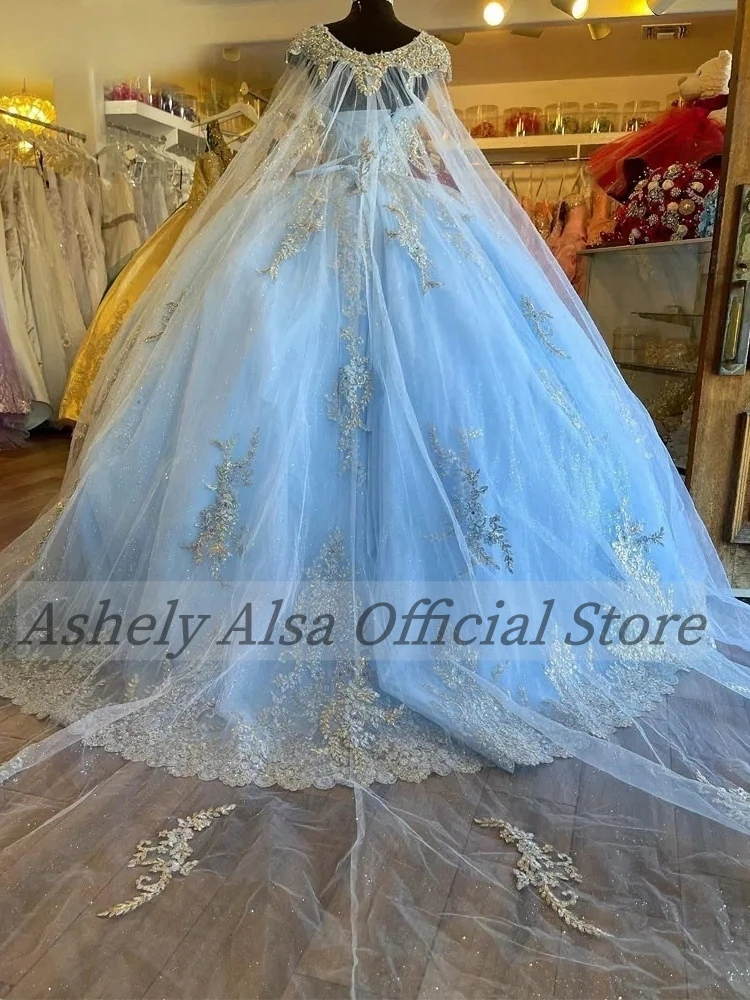 Customized Real Picture Sky Blue Princess Quinceanera Dresses Long Cape Ball Birthday Party Dress Sweet 16 Vestido De 15 Anos