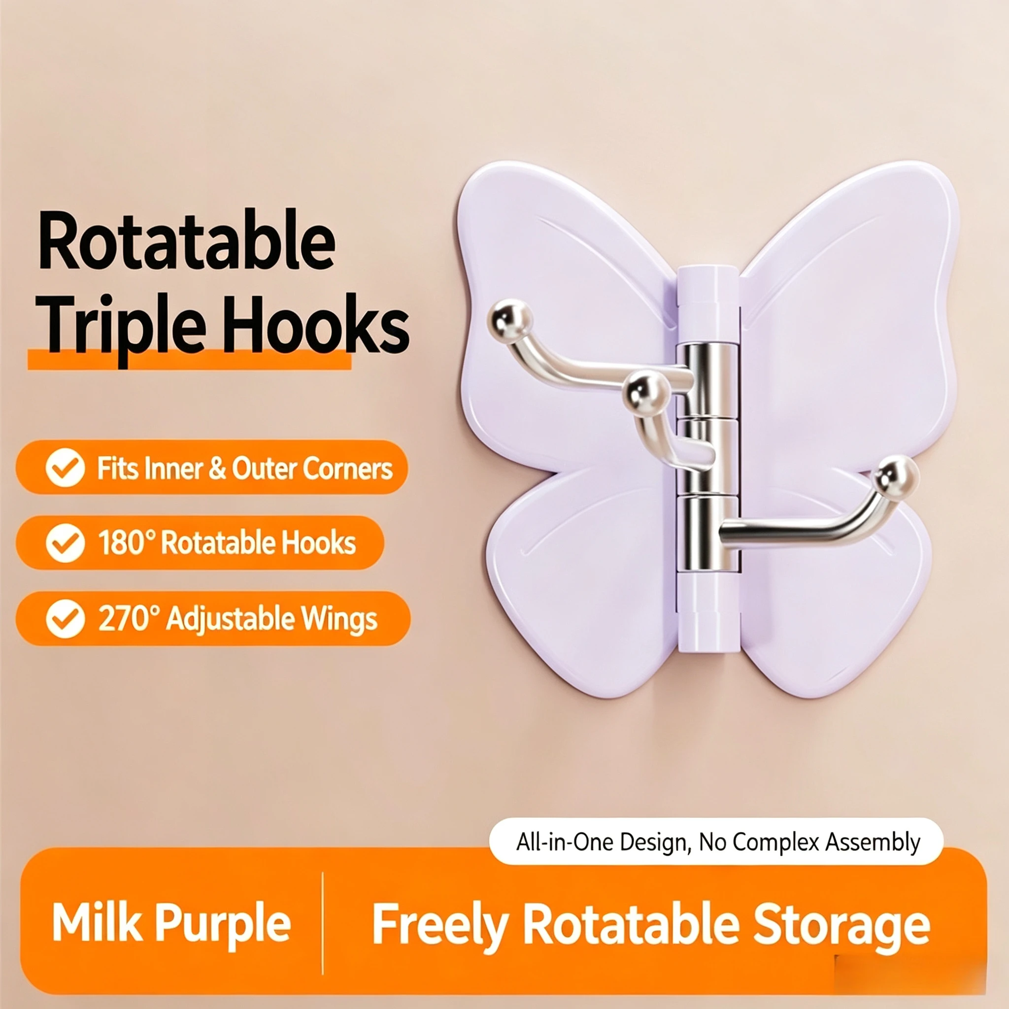 No Drill Butterfly Adhesive Hook, 3 Arms Rotating Hanging Hook, Household Decorative Storage Hanger for Bathroom Closet Kitchen