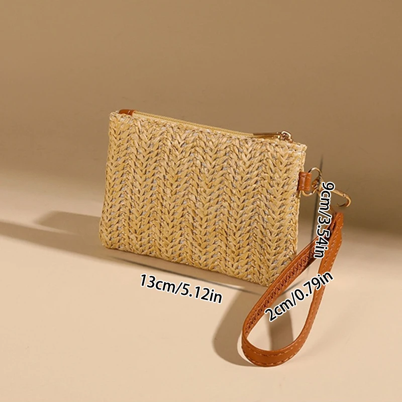 1PC Solid Color Straw Bag Fashion Ladies Wristlet Wallet Portable Coin Purse Holder Bag Lipstick Bag