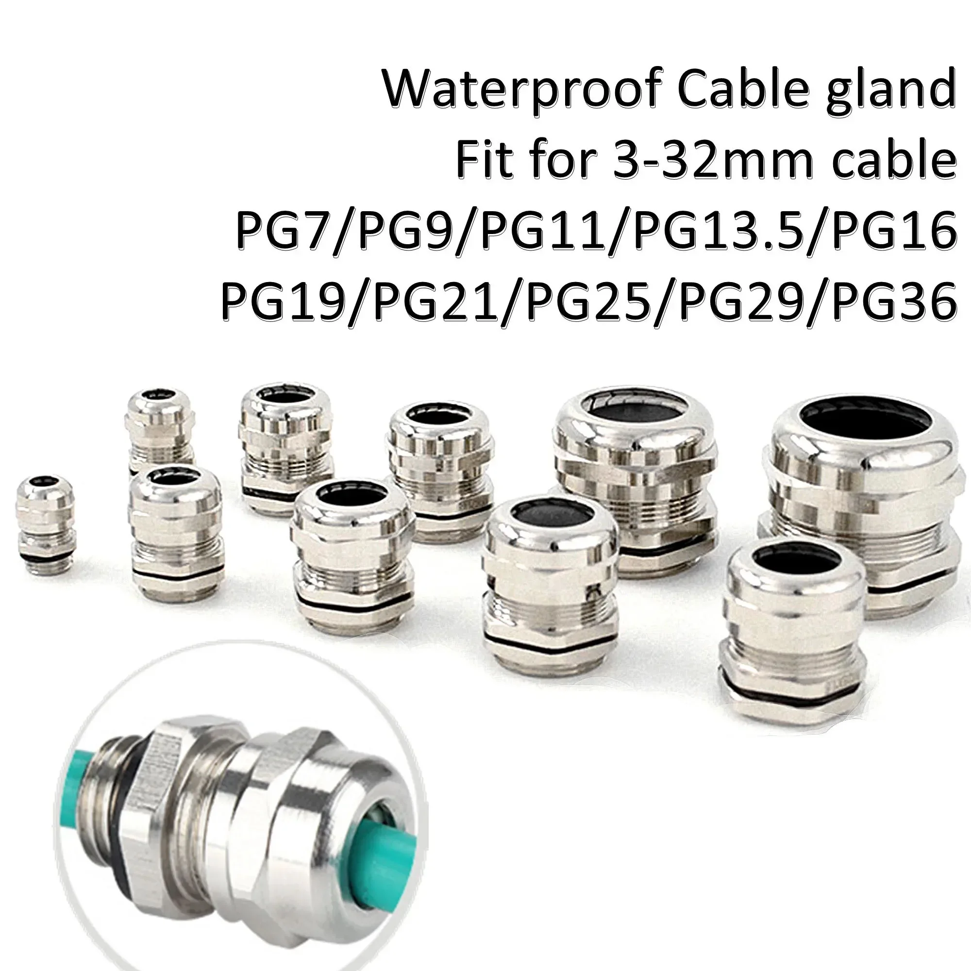 10PCS   Waterproof Cable Gland Connector IP68 Nickel Plated Brass Metric Cable PG7 PG9 PG11 PG13.5 PG16 PG19 PG21 3-32mm Cable