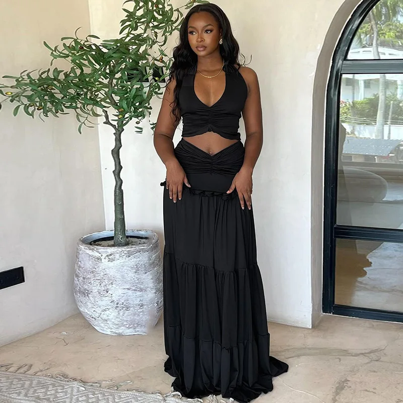 Feminino sólido babados ruched 2 peça conjunto com decote em v rendas até halter sem costas tanque colheita topos + a linha saias longas roupas de férias terno
