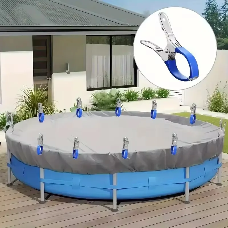 6Pcs Durable Stainless Steel Pool Cover Clips with Blue Plastic Handles - Heavy Duty Windproof Spring Clips for Secure Above