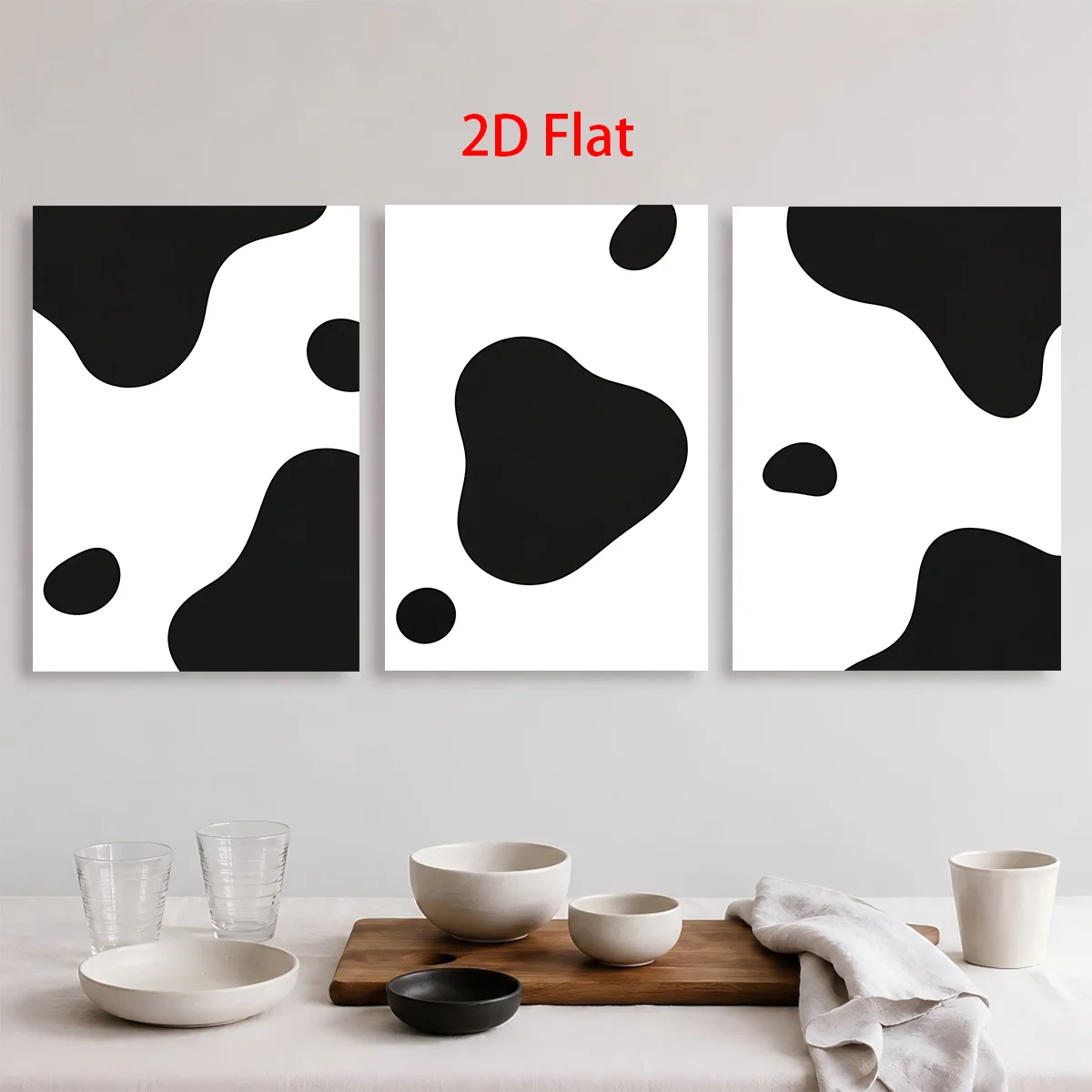 2D Flat 3PCS- The pattern consists of black irregular shapes on a white background Themed Canvas Wall Art, Waterproof Canvas