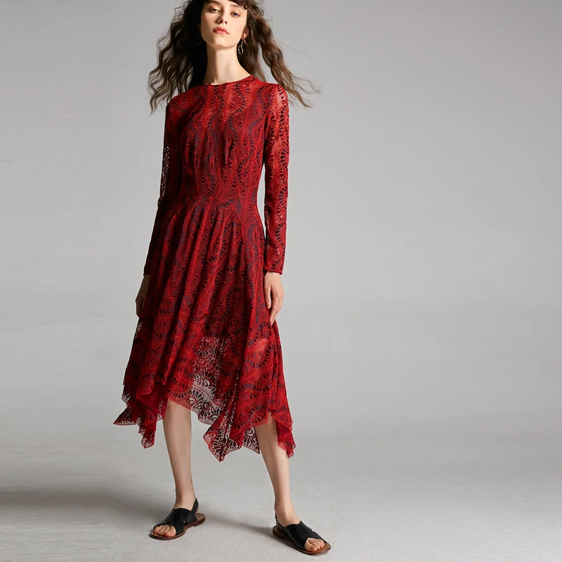 Vestido de encaje calado con estilo exótico, dobladillo Irregular, mezcla de aodón y seda, moda de otoño, vestido de mujer ...