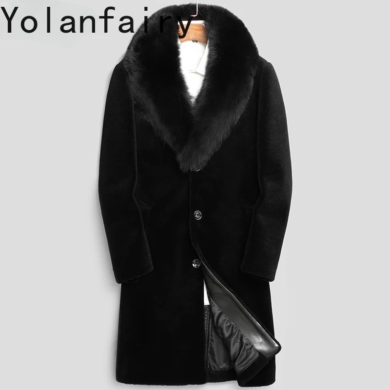 

YOLANFAIRY 100% овечья куртка для стрижки мужская зимняя длинная шерстяная куртка мужская мода с воротником из натурального лисьего меха теплые меховые куртки мужская одежда