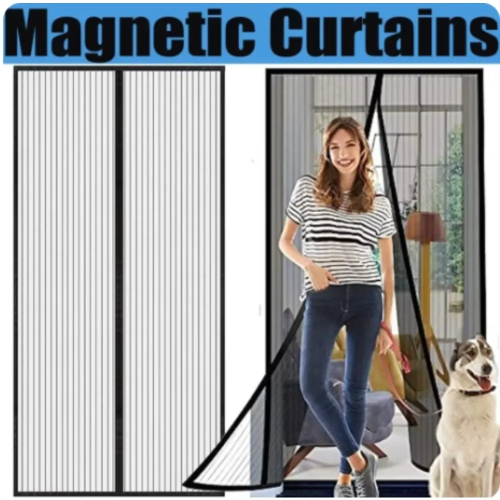 Striped Door Curtain Magic Mesh Magnetic Screen Door Mesh Curtain Mosquito Net Bug Hands Free Partition Mute Bedroom Ventilation