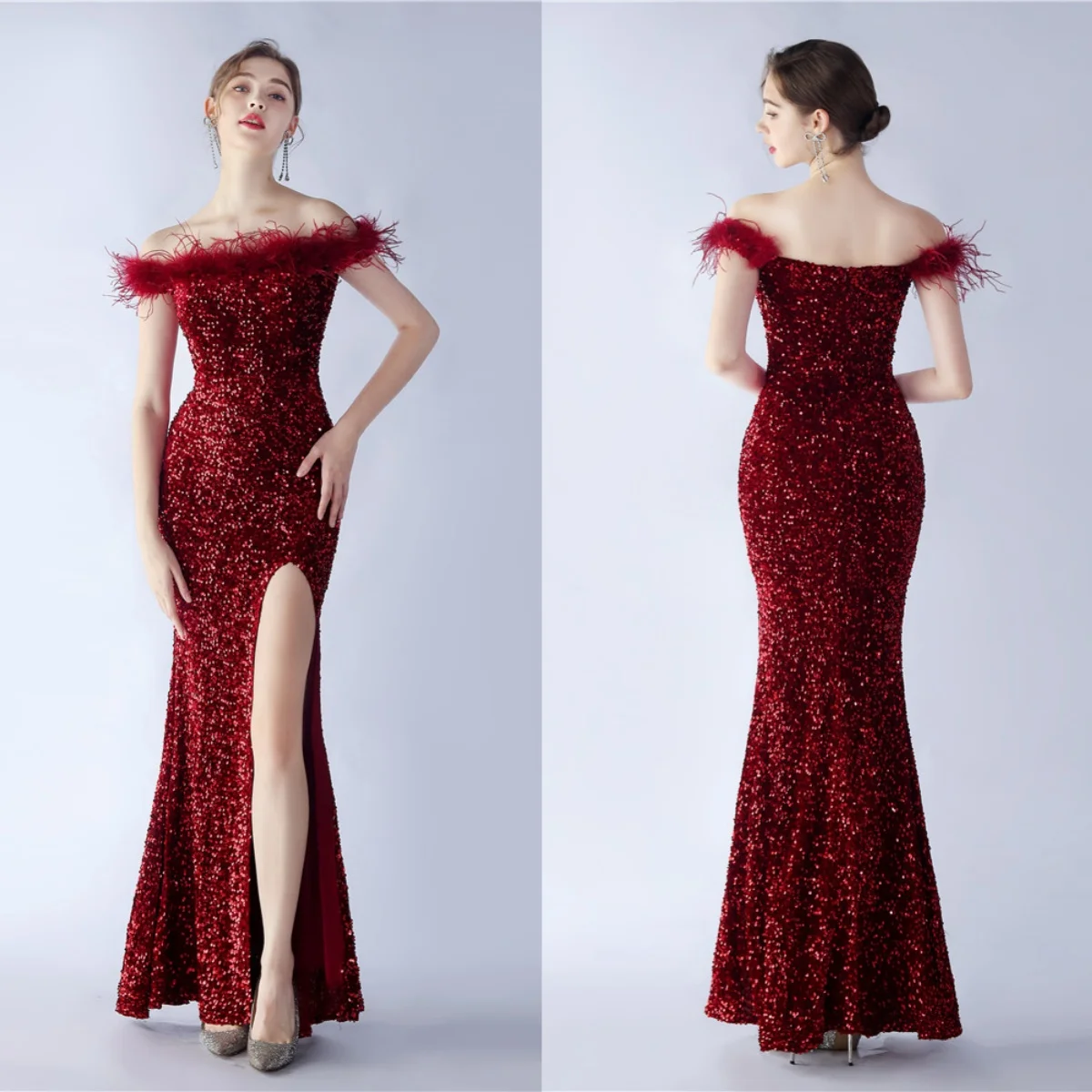 

Evening Dress Burgundy Sequins Stretchy Off the Shoulder Feather Zipper Mermaid Trumpet Floor Length Women Party Formal Gowns