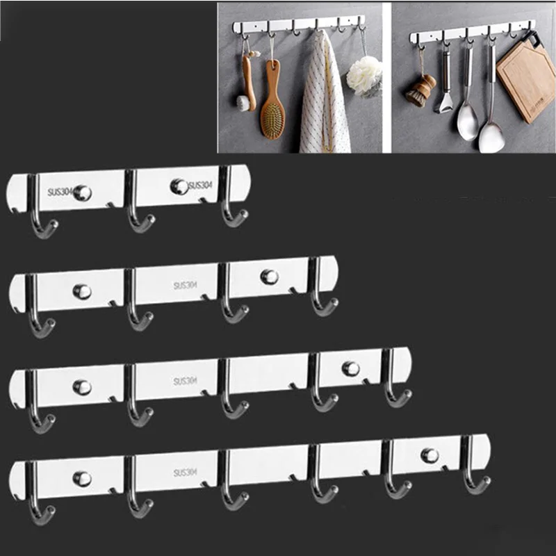 stainless steel Wall Hanging Hook Storage Rack 4 5 6 Hooks Kitchen Kitchenware Towel cloth Hanger Wall Door Bathroom Organize o1