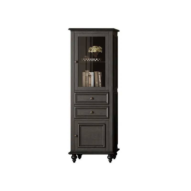

American retro black solid wood glass door wine cabinet living room against the wall 2024 new light luxury high-end locker