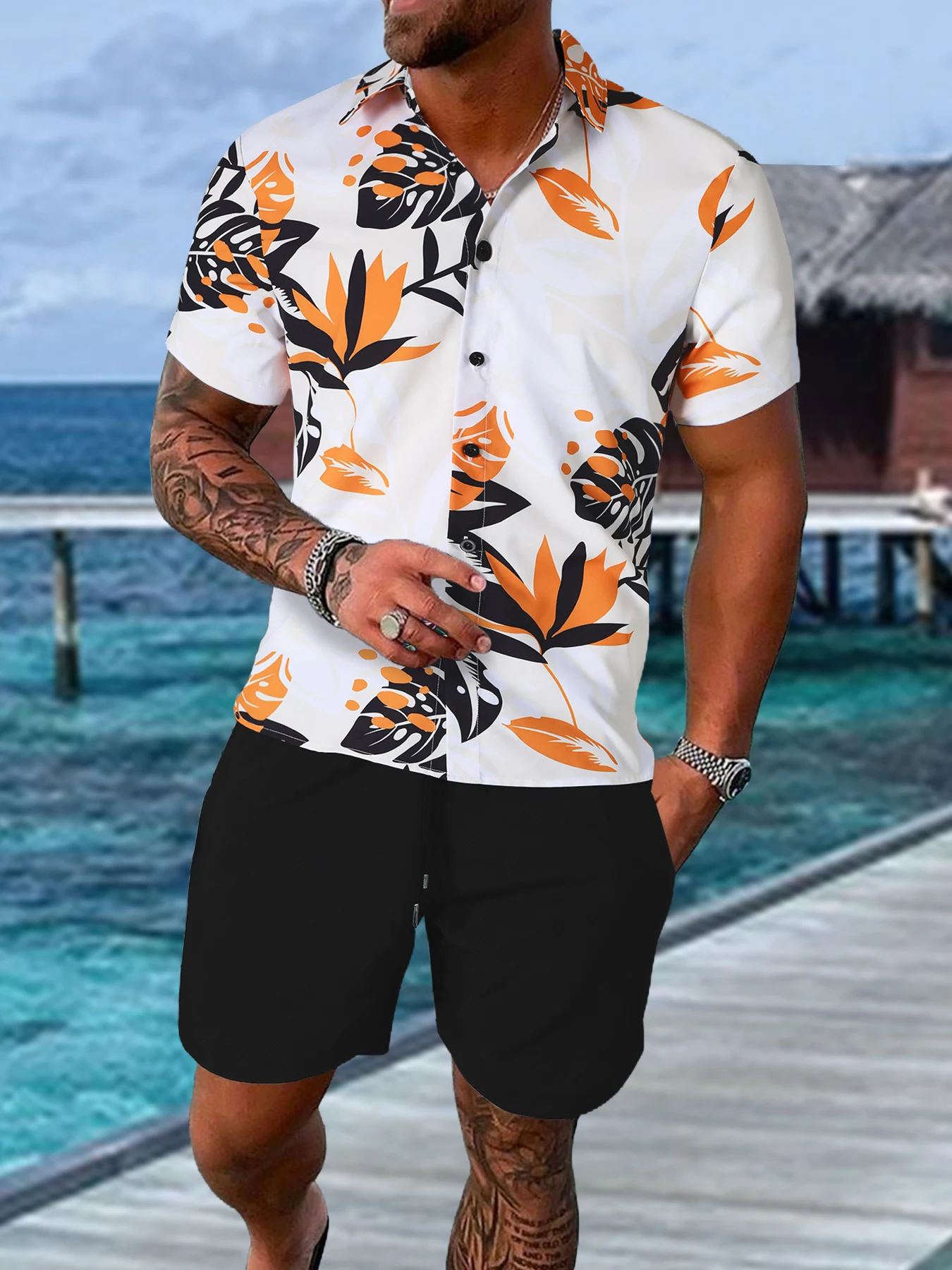 

Men's Orange & Black Tropical Leaf Vacation Set 2 Piece Short Sleeve Shirt & Drawstring Shorts Outfit