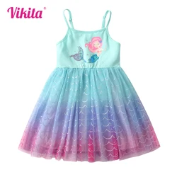 VIKITA Girls Mermaid Cartoon Print Dress Girls Sling Suspender Dresses Kids Gradient Party Casual Elegant Fashion Princess Dress