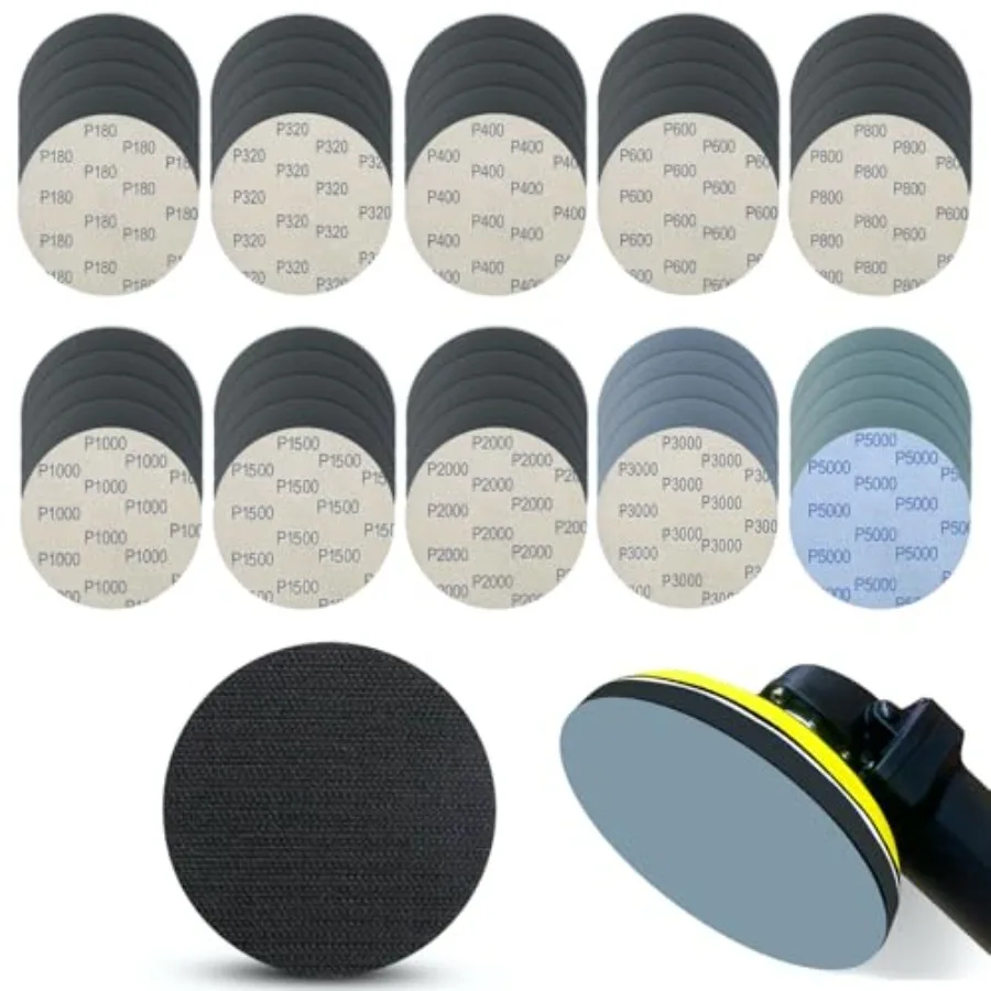5 Inch 51pcs Wet Dry Sanding Discs Hook and Loop Foam Backing Pad, Waterproof Sandpaper Silicon Carbide for Random Orbital Sand