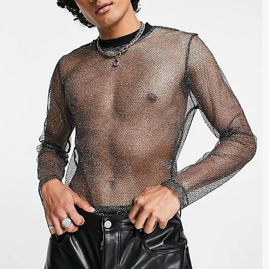 Mesh T-Shirts Men's Long-sleeved Shirt Shiny See-through Pullover Men's Breathable Bottoming Shirt Nightclub Performance Clothes