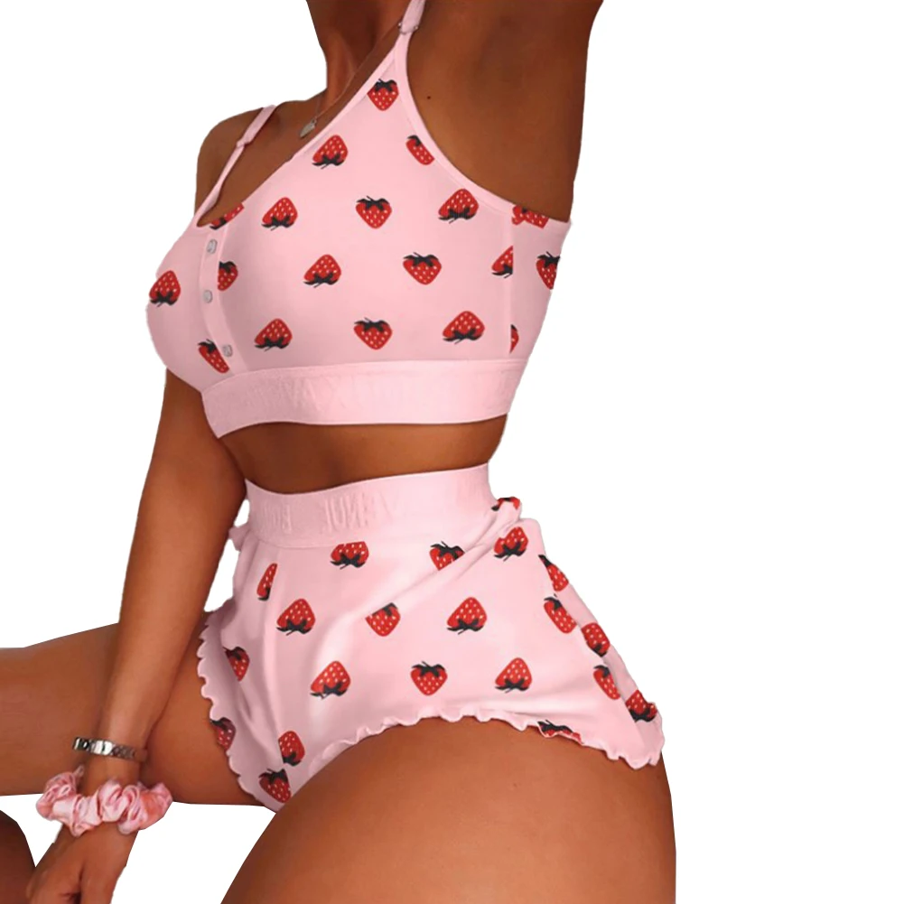 

Women's Butterfly Floral Strawberry Print Summer Pajamas Set Fashion Crop Tops Vest Bra +Shorts Lingerie Sleepwear Nightwear
