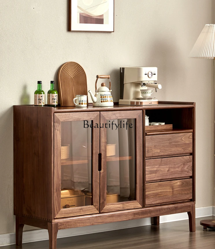 

North America Black Walnut Wood Sideboard Cabinet Simple Solid Wood Glass Door Storage Side Cabinet