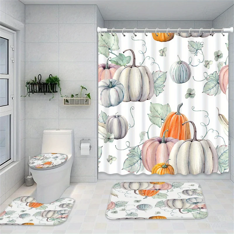 

Thanksgiving 4pcs Watercolor Pumpkin Autumn Shower Curtain Set, Autumn Thanksgiving Harvest Pumpkins Bathroom Sets with Shower