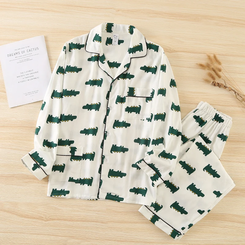 Autumn Soft Cotton Pyjama Femme Male Cute Crocodile Cartoon Printing Couple Sleepwear Fashion Pajama Sets Casual Lover Home Wear