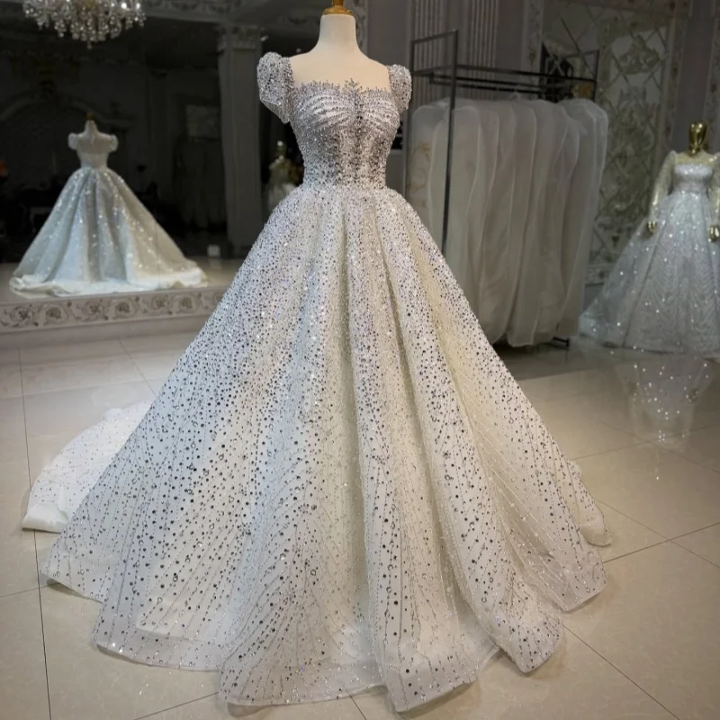 Shiny White Appliques Wedding Dresses of Off-Shoulder Decal A-Line Crystal Decal  off-shoulder Bridal Gowns Made Customized