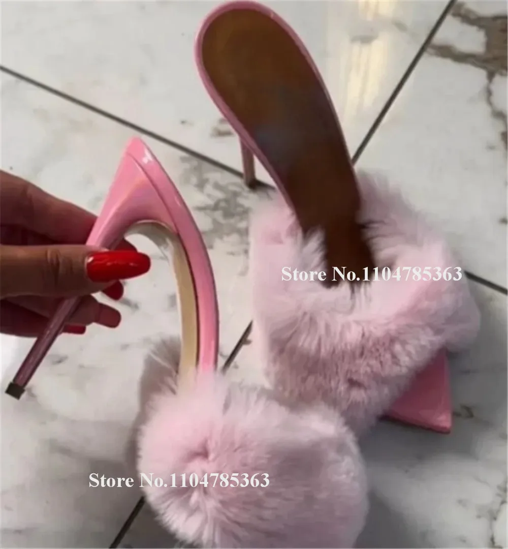 

Women Charming Fur Decorated Stiletto Heel Slippers Pointed Open Toe Pink Red Black Patent Leather Thin Heel Sandals