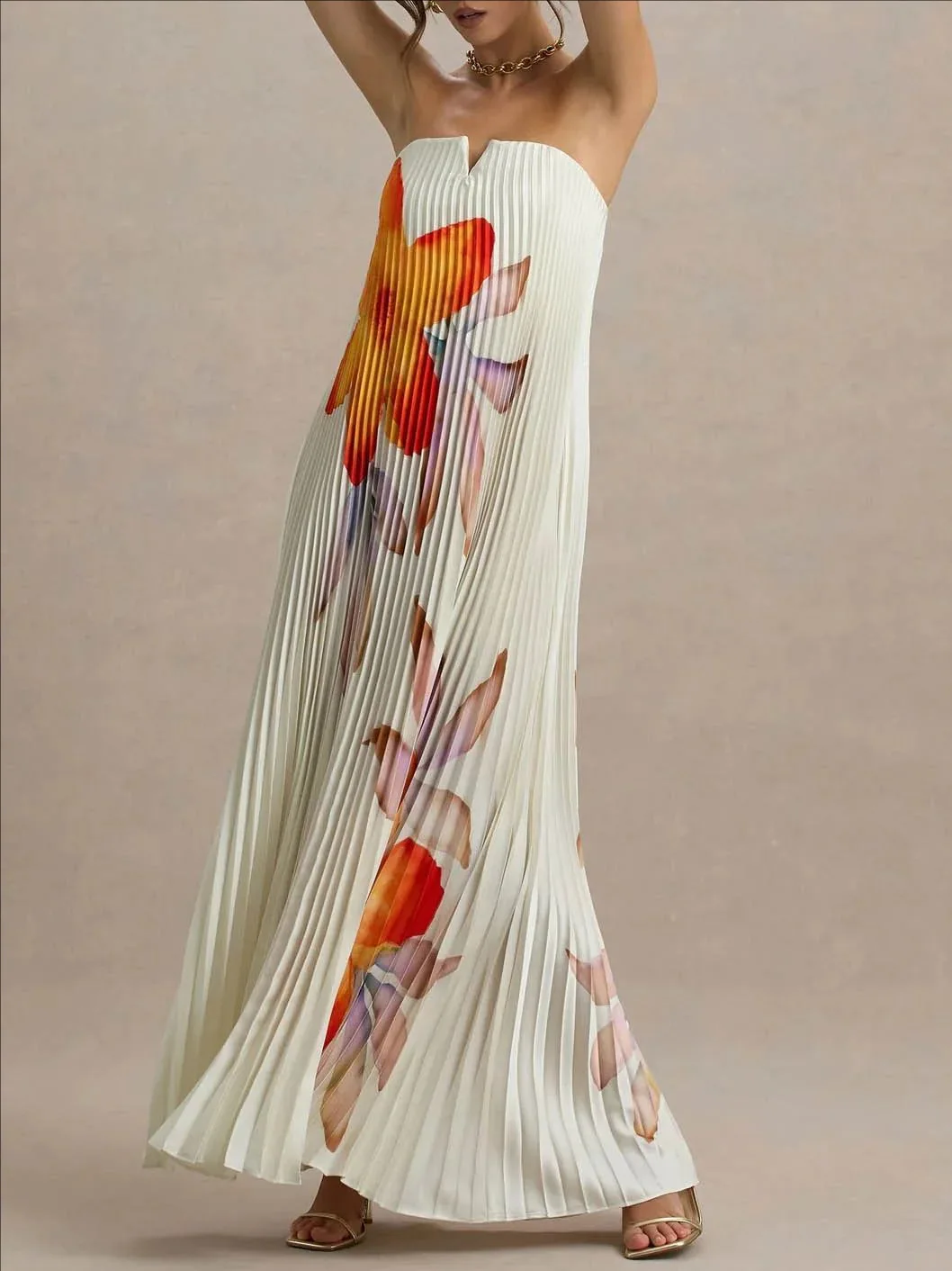 Elegant Fashionable Long Dress Loose Casual Printed Spring Summer Sleeveless Tube Top Pleated Mid-waist A-line Long Dresses