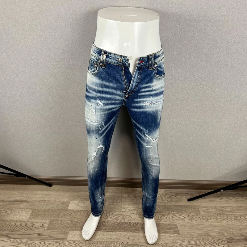 

Уличный дизайнер Модные мужские джинсы Высокое качество Ретро Синие эластичные приталенные рваные джинсы Мужские брендовые винтажные джинсовые брюки Hombre