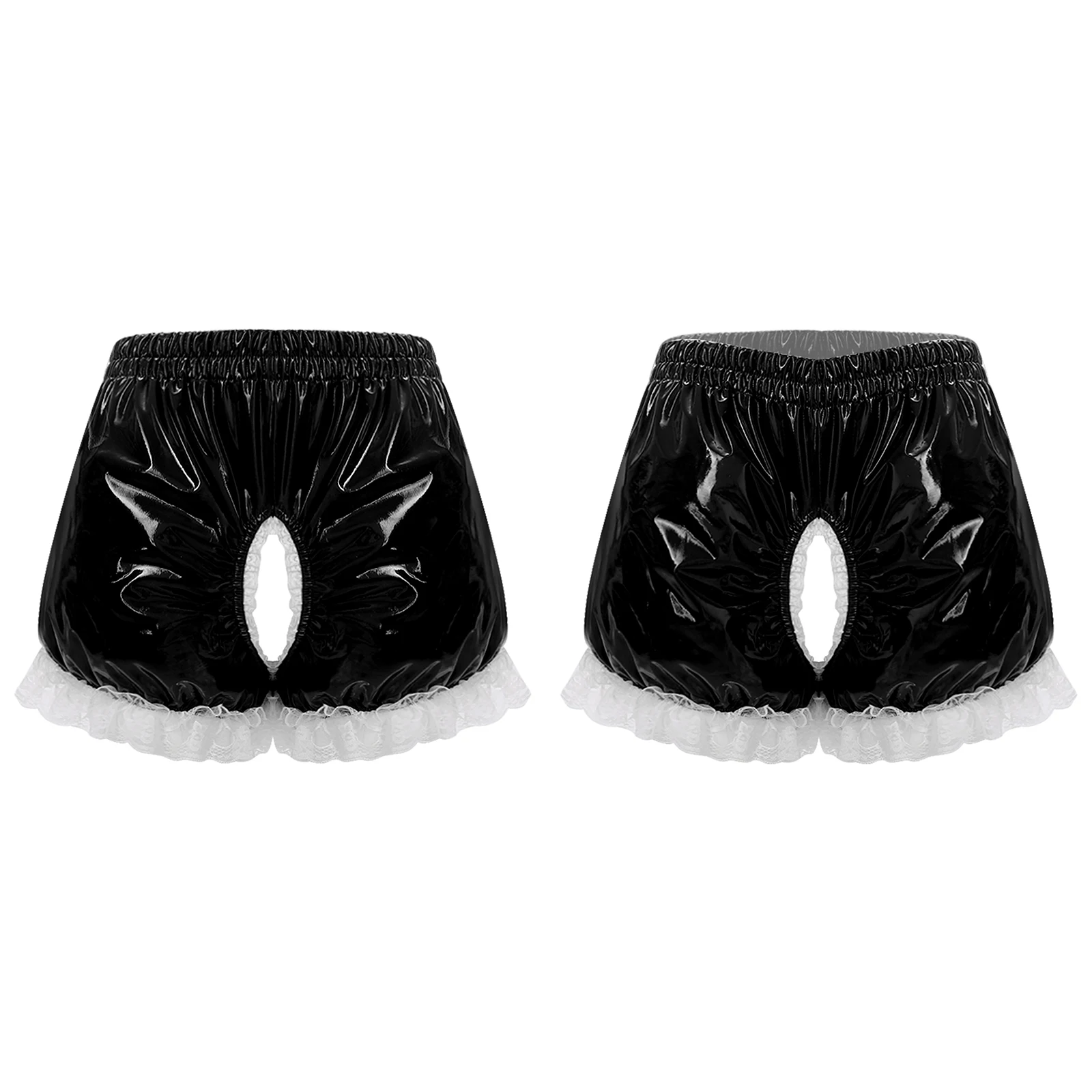 

Women Lingerie Crotchless Open Butt Flaunting Shorts Elastic Waistband PU Leather Wet Look Bloomers for Couple Games Nightwear