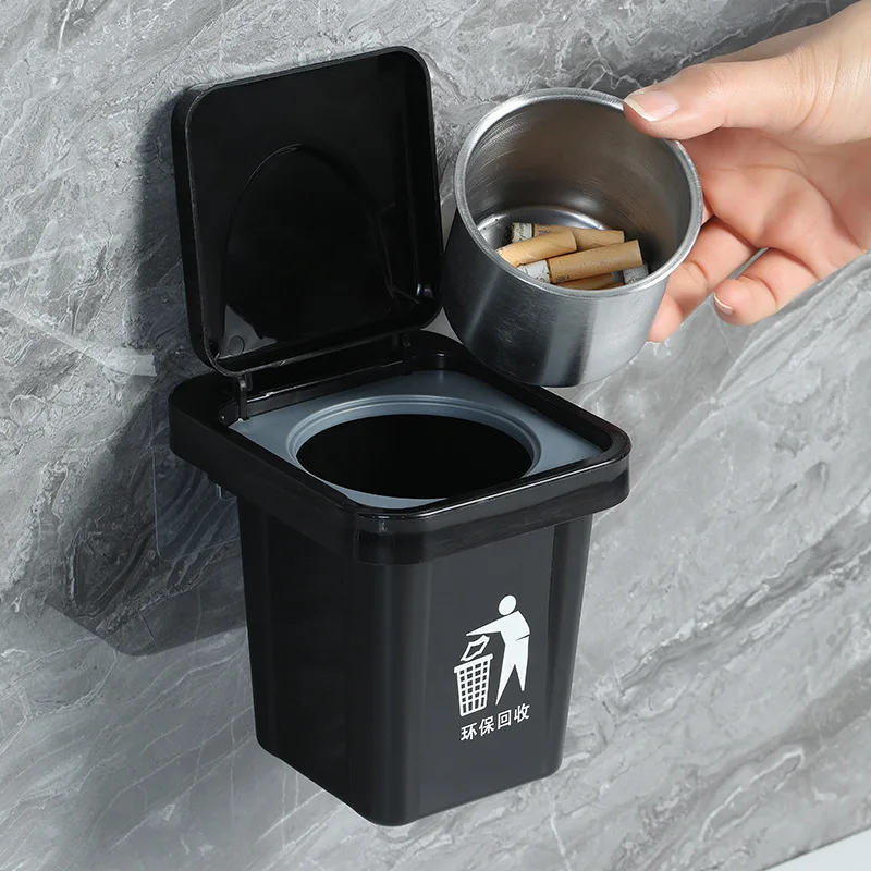 Anti Fly Ash Ashtray with Lid No Drilling Wall Mounted Toilet Desk Creative Stainless Steel Trash Can