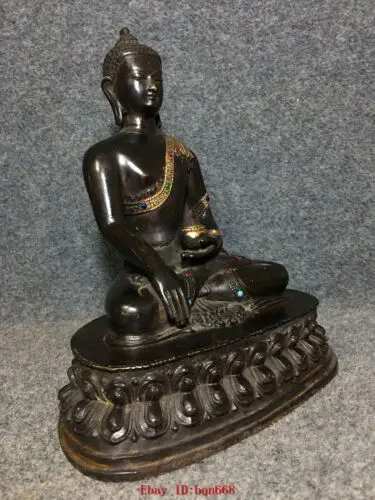 9.8" Tibet Tibetan Buddhism hand carved Gem inlay bronze Buddha statue