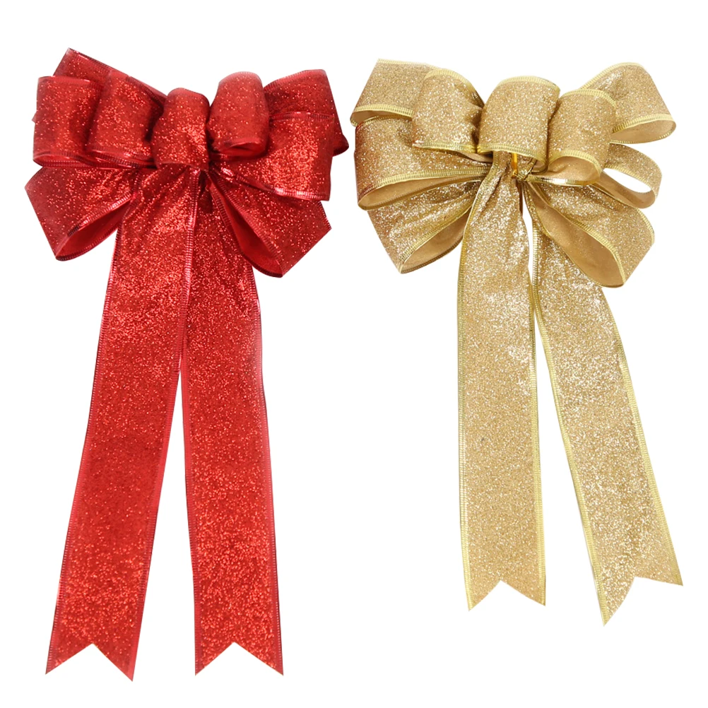 

1Pair Elegant Christmas Tree Bow Decorations Red Golden Glitter Cloth Ribbon for Holiday Home Decor Gift Packaging DIY