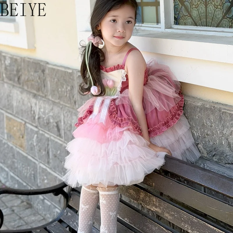 Lolita Birthday Mesh Dress for Little Girls Summer Original Design Flower Tutu Dress Children Sleeveless A Line Party Dress