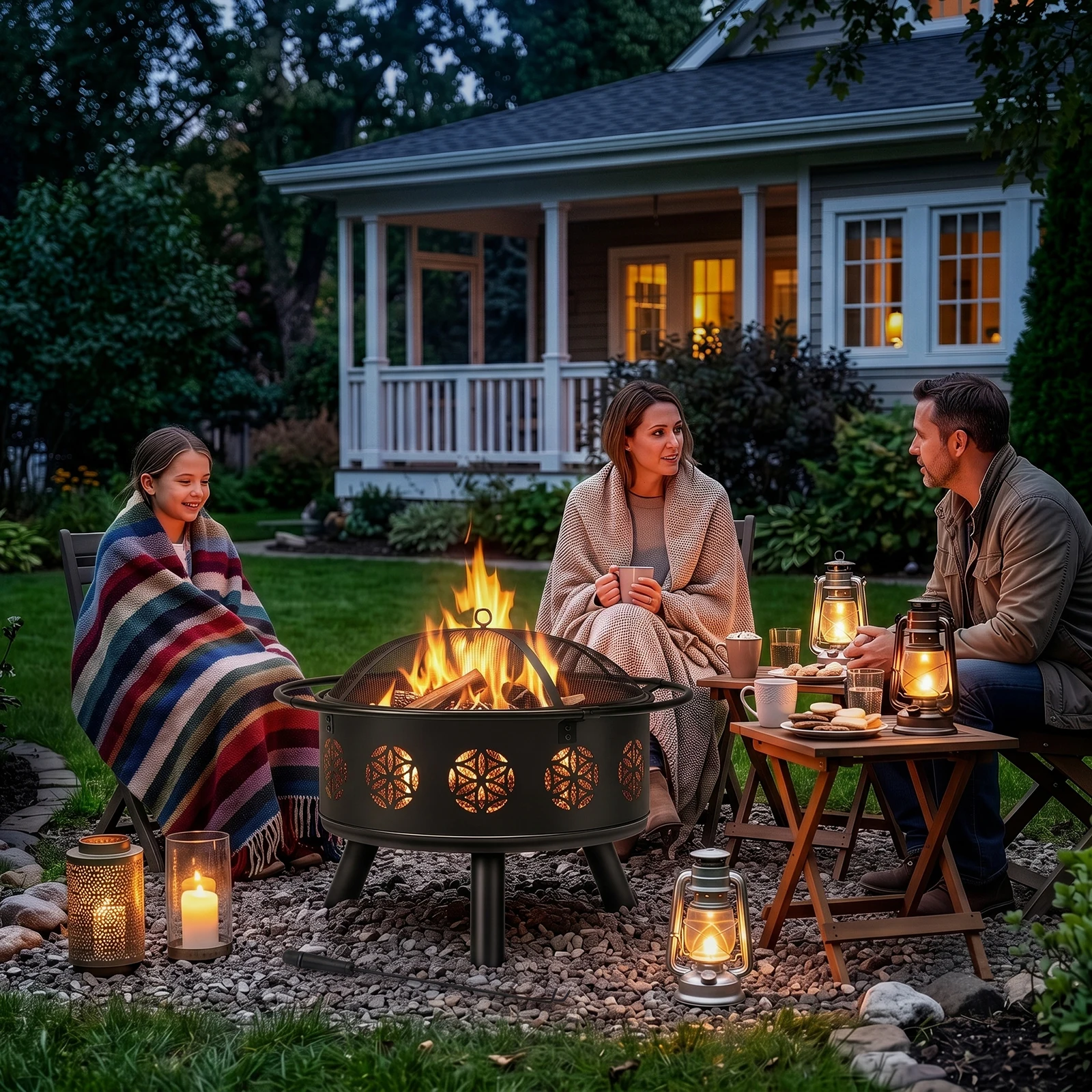 30in Round Wrought Iron Fire Pit with Eternal Flower Cutout Wood Burning Hinged Spark Screen Lid Lift Ring Poker for Backyard Patio Garden Camping