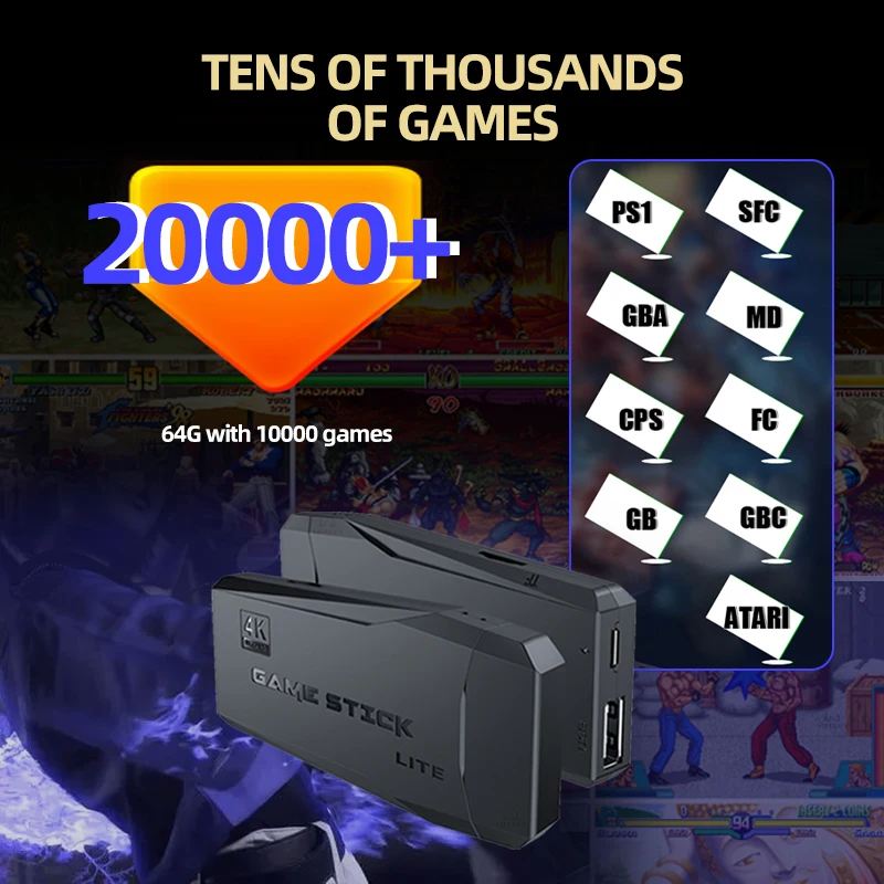 Videospielkonsole TV HD Game Stick 64 GB 20000 Retro-Spiele für GBA/MAME/SEGA Everdrive Save/Search/To adding für Kinder Geschenk