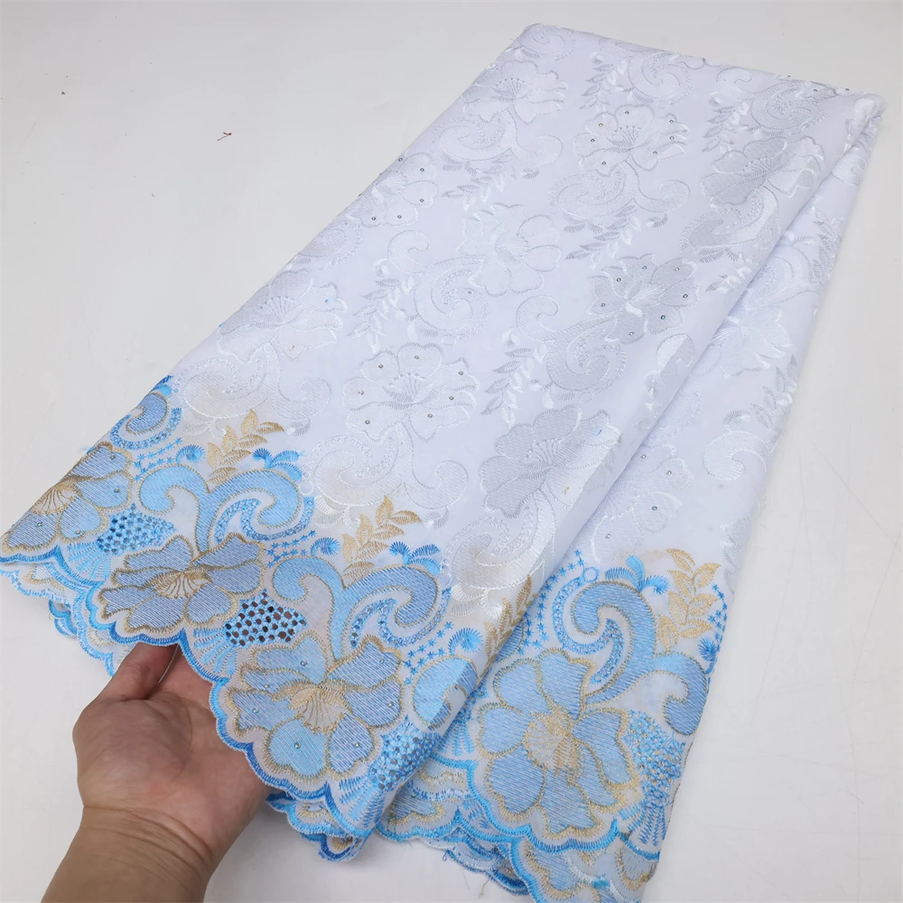 Latest Dry Cotton African Lace Fabric High Quality 2024 Swiss Voile Lace Fabric with Stones For Nigeria Wedding Sewing Dresses