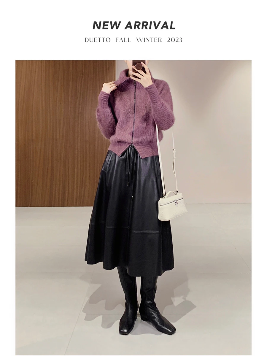 

Imported DUETTO Lamb Leather A-Line Skirt with Dstring Elastic Waist Pure Color Commute Sle Mid-Length Winter Faion