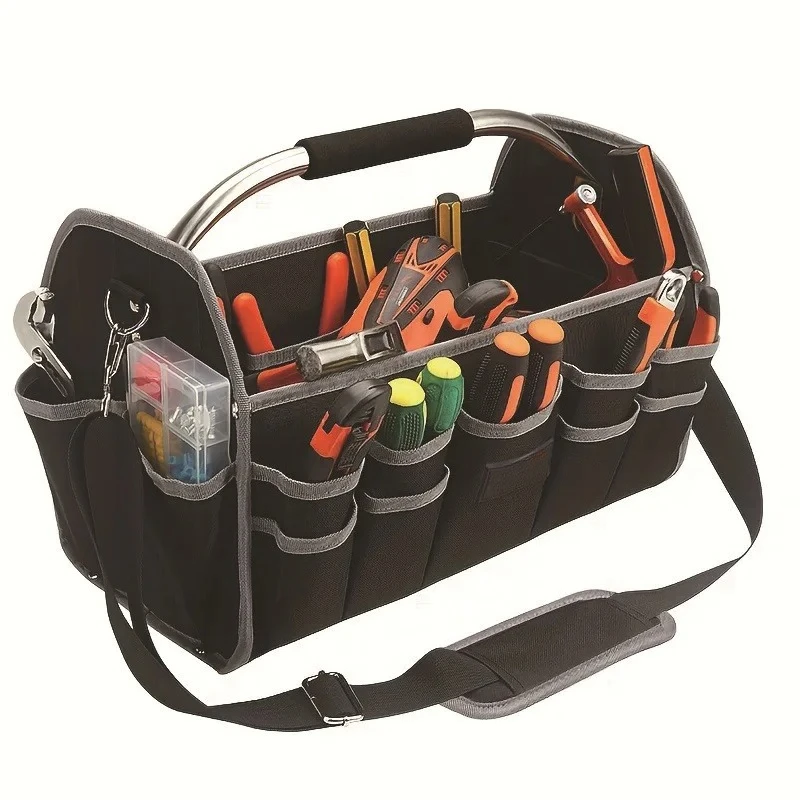 14in Heavy Duty Oxford Cloth Handheld Iron Tube Tool Bag Multifunctional Large Capacity Electrician Tool Kit Woodworking Handbag