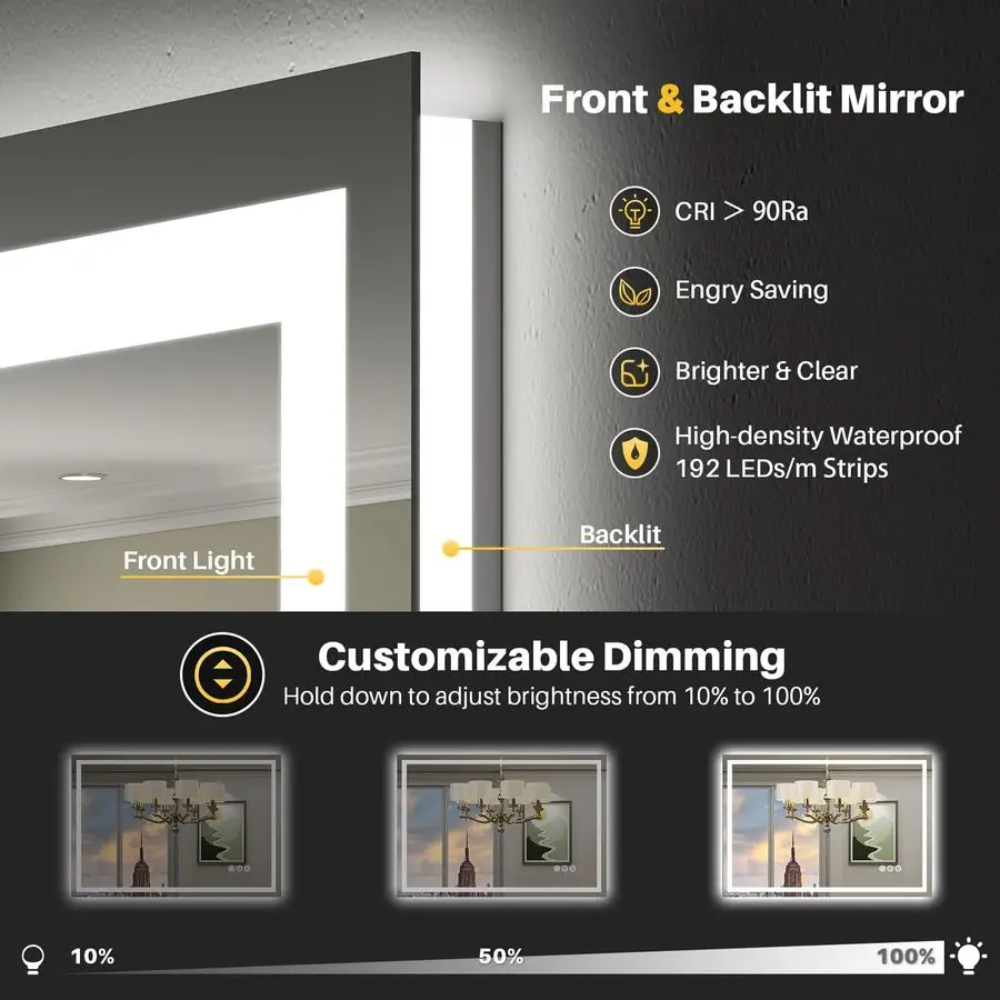 กระจกห้องน้ำ LED พร้อมไฟ, ไฟส่องด้านหลังและด้านหน้า, กระจกแต่งหน้าห้องน้ำแบบมีไฟป้องกันฝ้าสำหรับติดผนัง, ฟังก์ชั่นหน่วยความจำ, ปรับความสว่างได้