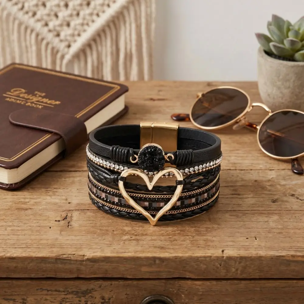 Braided Heart Woven Bracelet Crystal Leather Bohemian Style Bracelet Wristbands Multi-layer Design Stacked Zircon Bracelets Gift