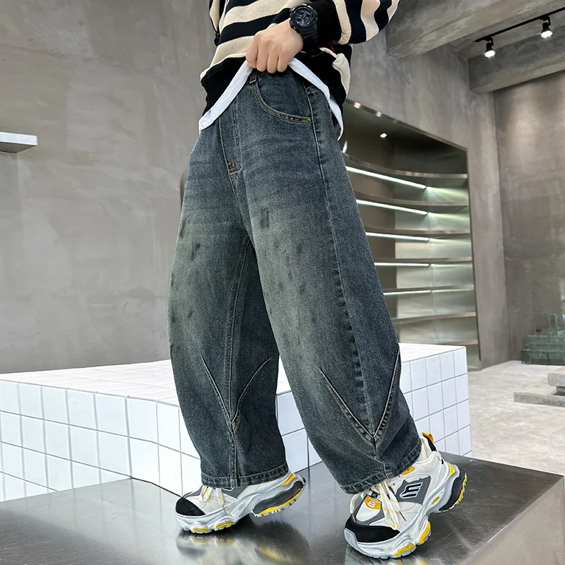 빈티지 블루 어린이 청바지, 캐주얼 하이 스트리트 데님 바지, 학교 어린이 패션, 스트레이트 컷 청바지, 십대