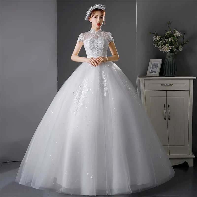 

It's Yiiya White Wedding Dress High Collar Short Sleeves Appliques Pearl Lace up Princess Floor-length Women Bride Ball Gowns